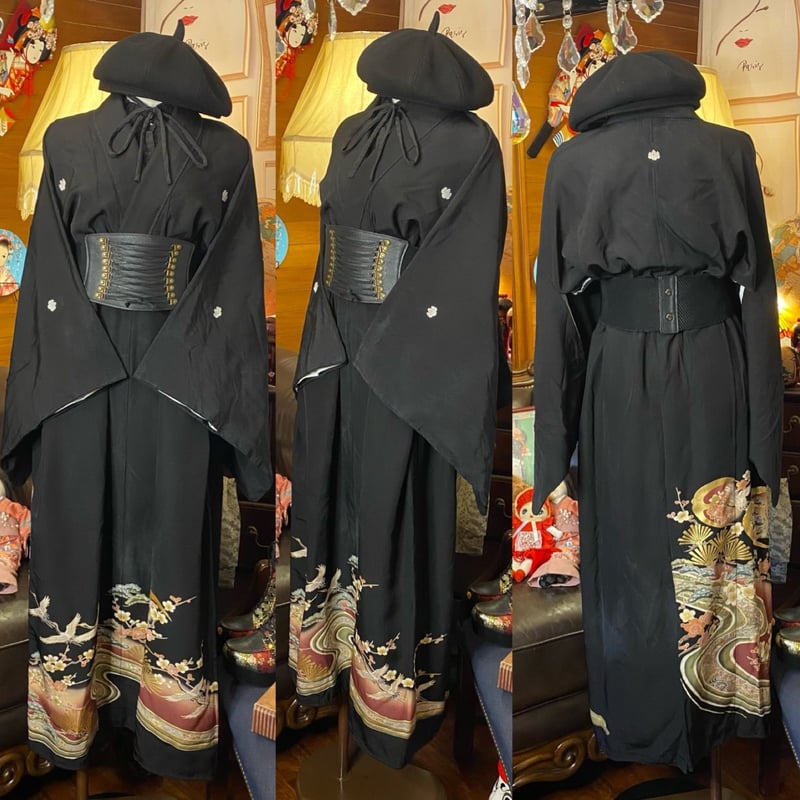 和洋折衷 黒留袖 着物 リメイク ワンピース ドレス 洗える 化繊