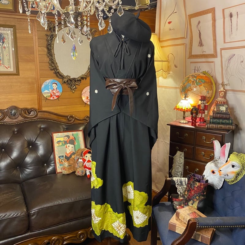 和洋折衷 レトロ 古着 黒留袖 着物 和 モダン ハンドメイド リメイク