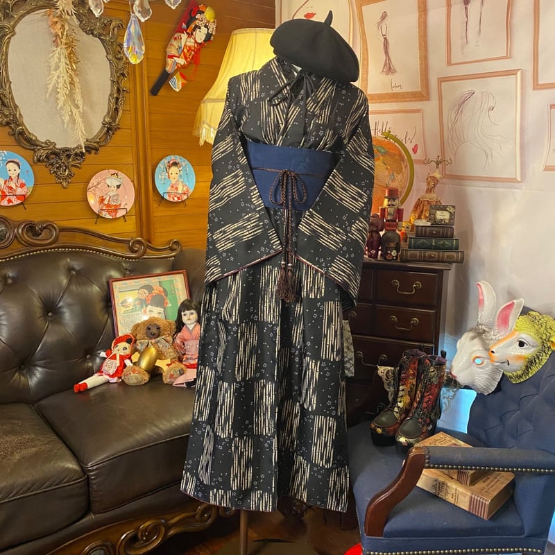 和洋折衷 着物 リメイク ロング 丈 ワンピース ドレス 洗える 化繊 帯