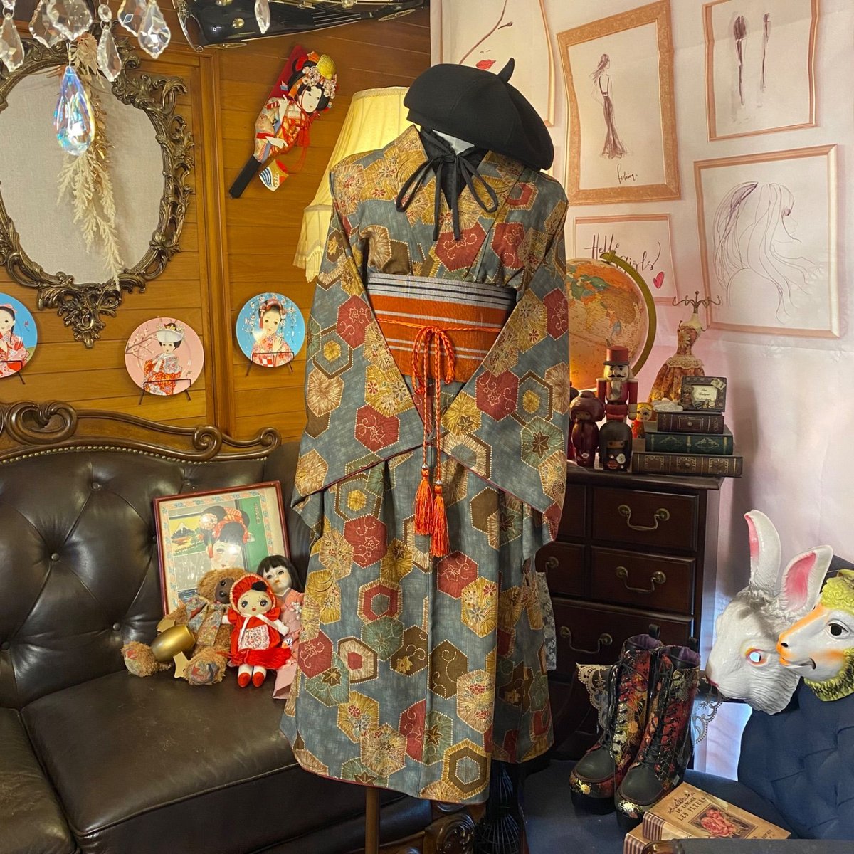 和洋折衷 着物 リメイク ワンピース ドレス 洗える 化繊 帯サッシュ  