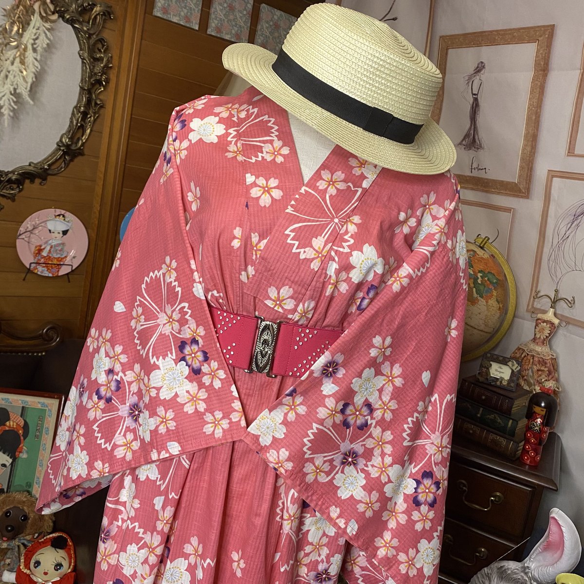 和洋折衷 レトロ 古着 お花 フラワー 桜 さくら サクラ 浴衣 和