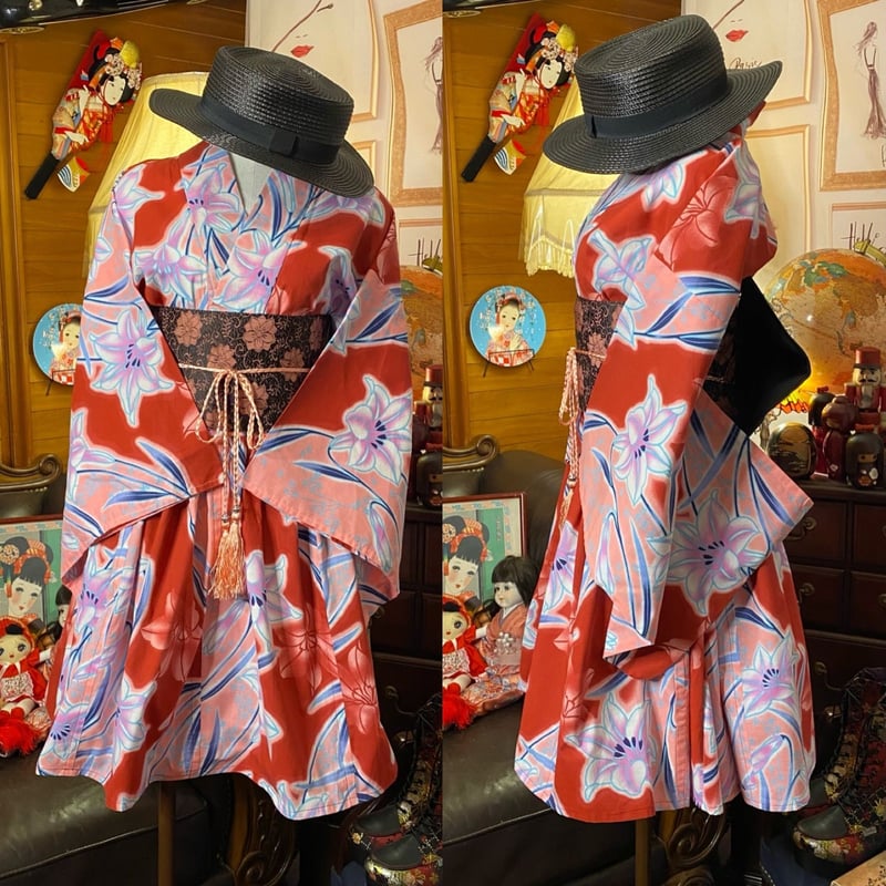 和洋折衷 浴衣 ミニ丈 ワンピース ドレス 2部式作り帯 和