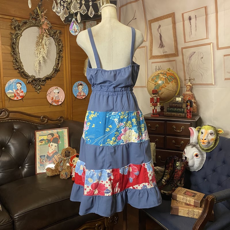和洋折衷 レトロ古着 浴衣 ハンドメイド コラージュ リメイク 和 切り替え ワンピース くす