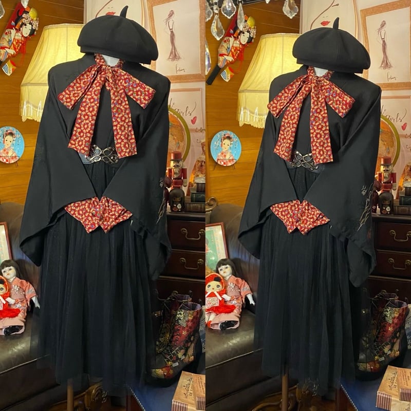 羽織　黒　薔薇　レトロ　アンティーク　和洋折衷コーデ　コスプレ　着物リメイク 羽織 黒 薔薇 レトロ アンティーク 和洋折衷コーデ コスプレ