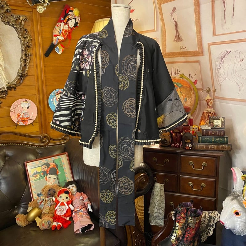 和洋折衷 着物 リメイク ポンチョ ケープ 和装コート パールフリル