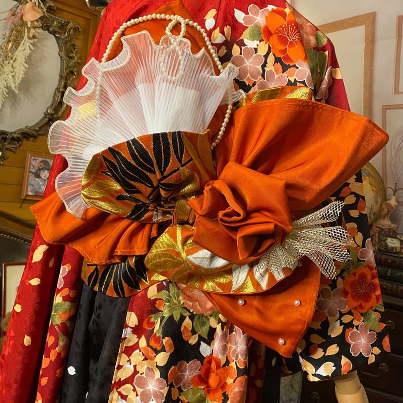 振袖 着物 ロングワンピース ドレス 2部式ローズ/バラ作り帯 リメイク