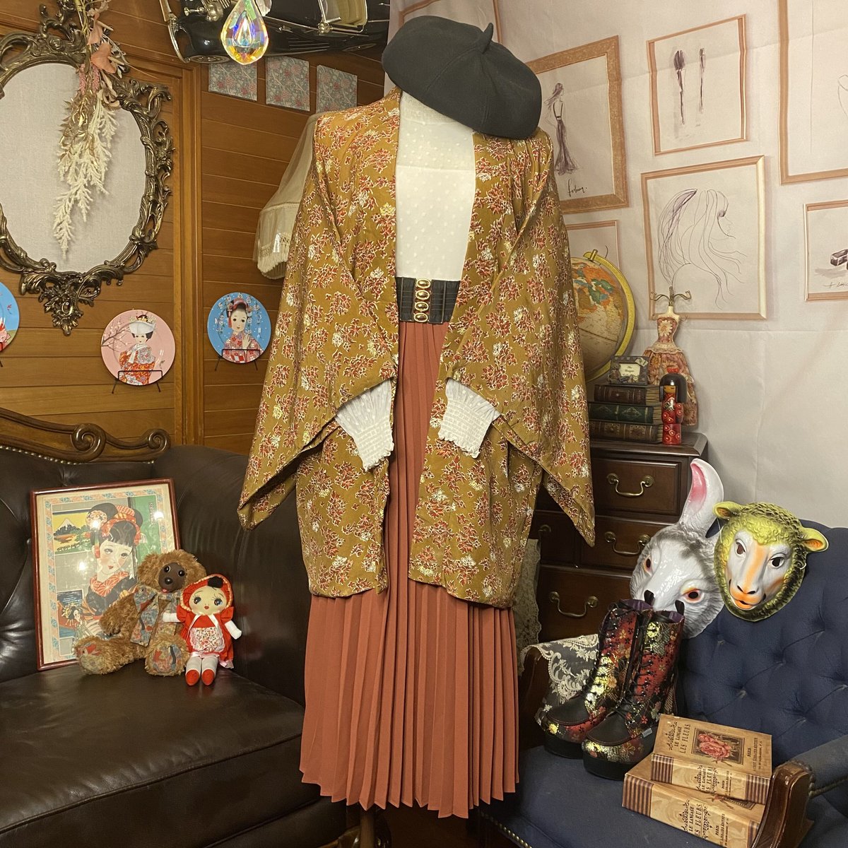 七五三　長襦袢　レトロアンティーク　和洋折衷コーデ　コスプレ　赤×黒　折り鶴 七五三 長襦袢 レトロアンティーク 和洋折衷コーデ コスプレ 赤