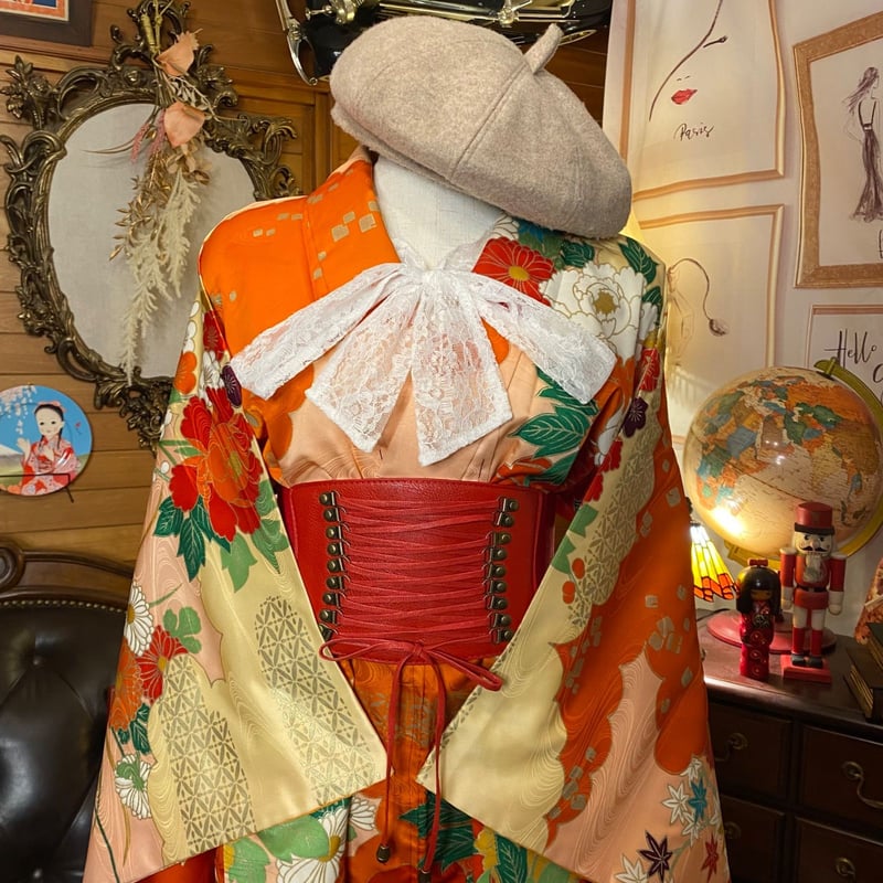 和洋折衷 レトロ 古着 振袖 着物 和 モダン ハンドメイド リメイク