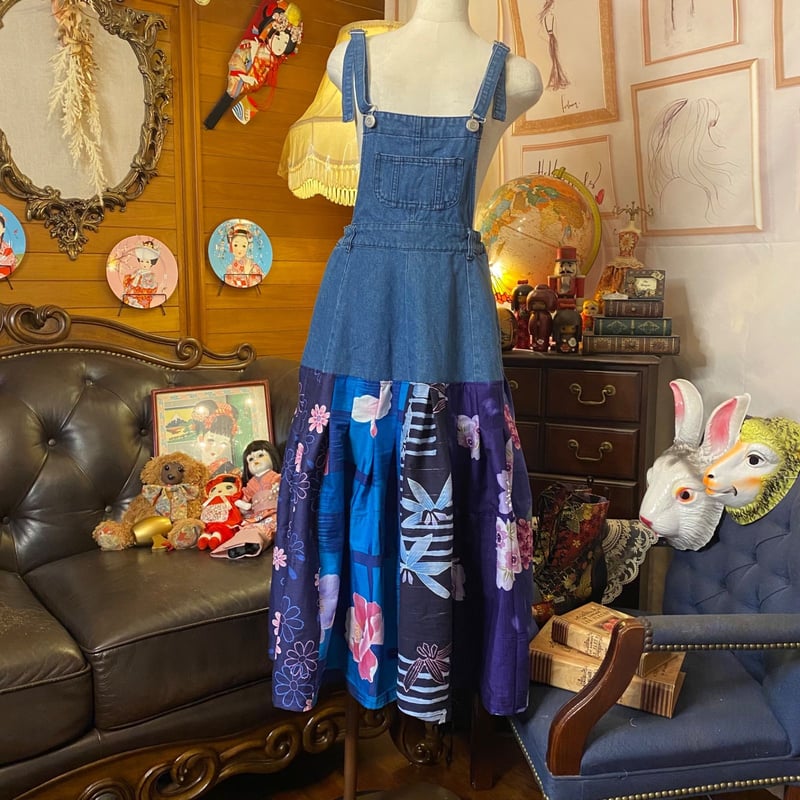 和洋折衷 浴衣 ロング オーバーオール ワンピース パッチワーク