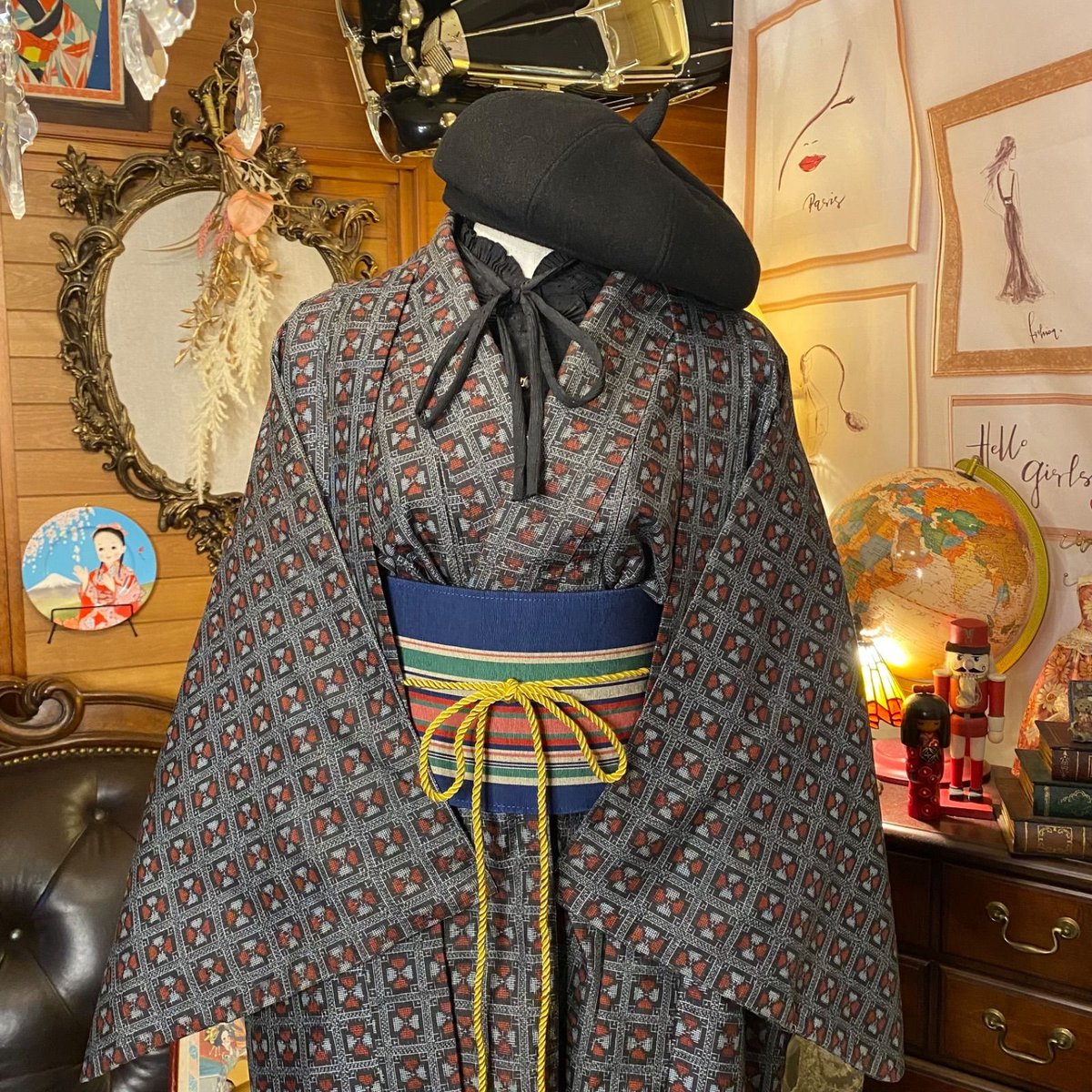 未使用】村山大島紬 ダウンベスト シルク 絹 呉服 和モダン 半纏 