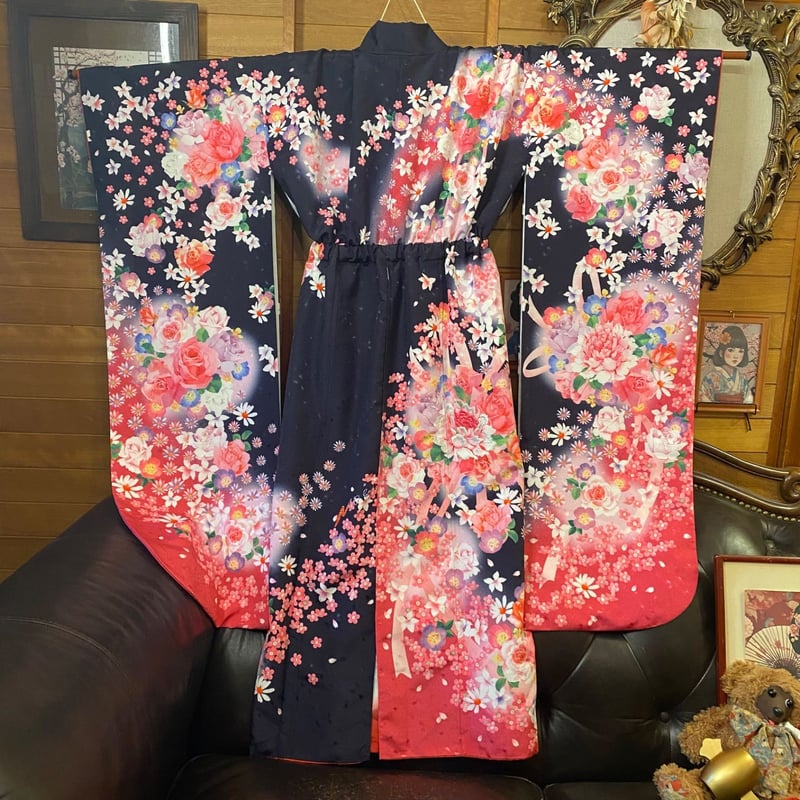 リメイク 振袖着物ロングワンピース 洗える 化繊 和洋折衷  