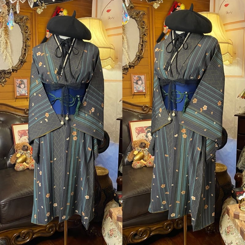 着物 ワンピース ドレス ハンドメイド リメイク 重ね衿 襟 帯サッシュ