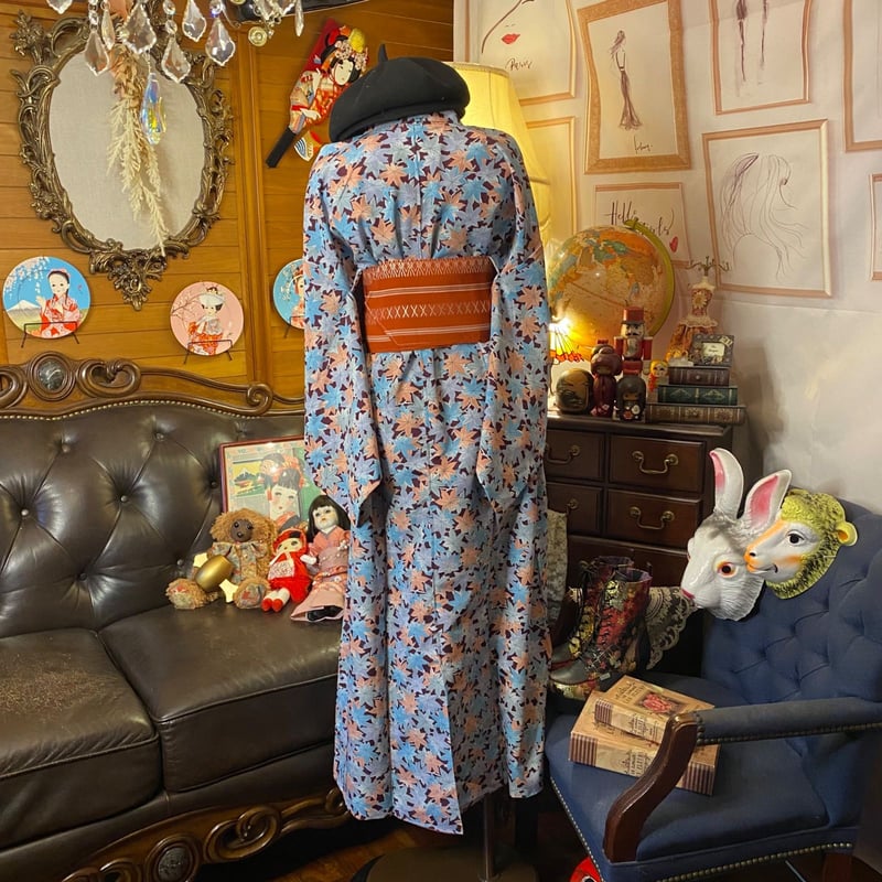 和洋折衷 着物 リメイク ロング丈 ワンピース ドレス 洗える 化繊 帯