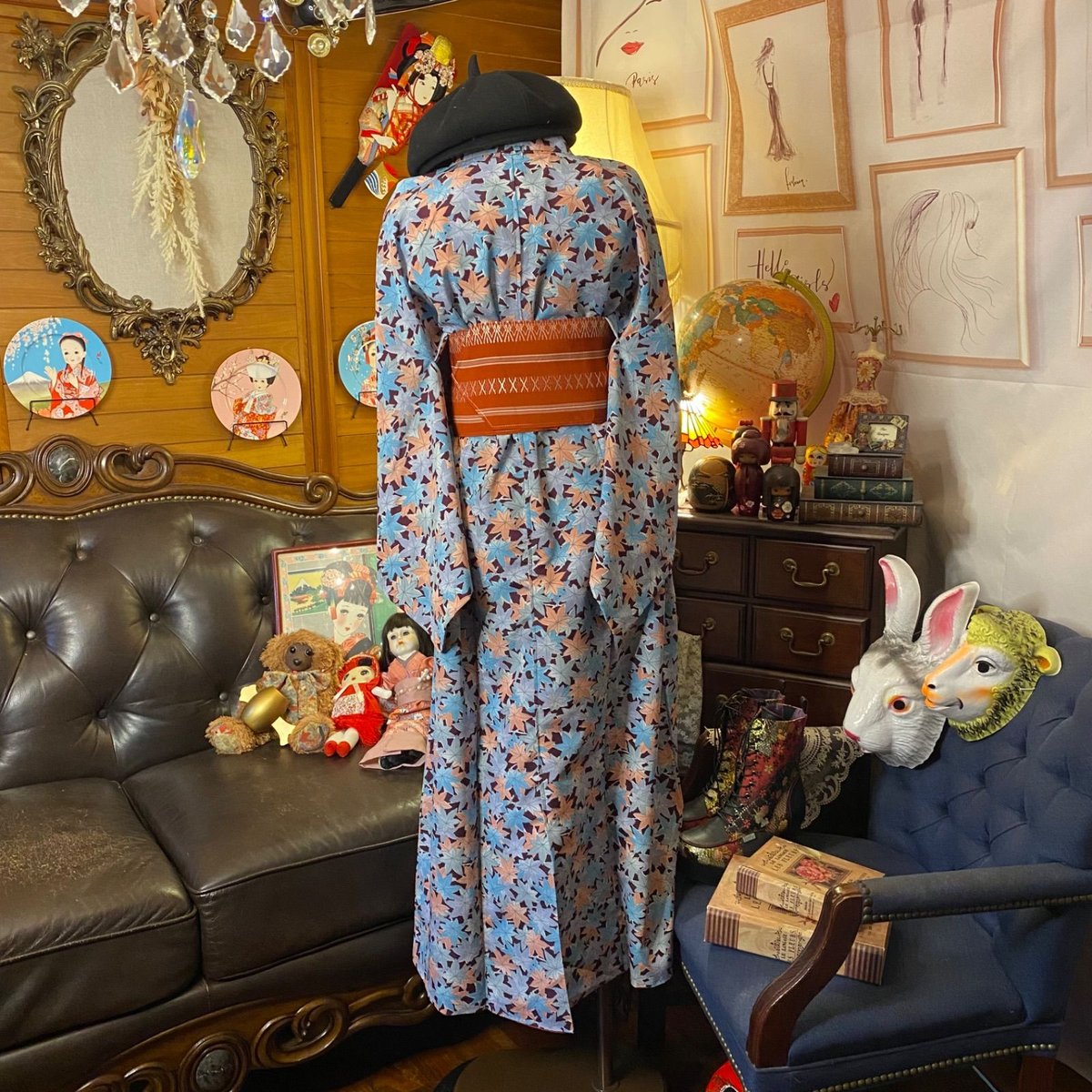 和洋折衷 着物 リメイク ロング丈 ワンピース ドレス 洗える 化繊 帯