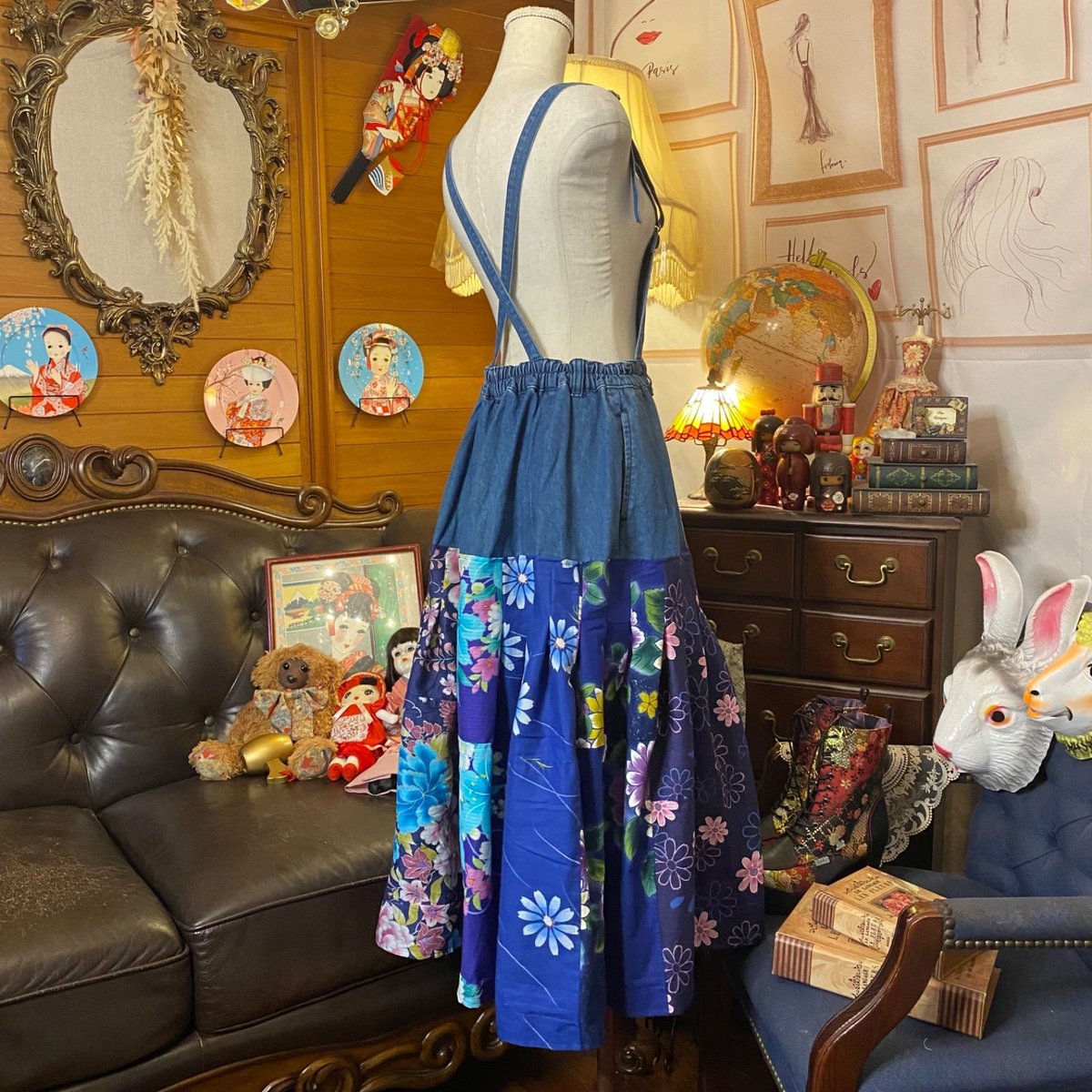 浴衣リメイク　浴衣オーバーオール 和洋折衷 浴衣 ロング オーバーオール ワンピース パッチワーク