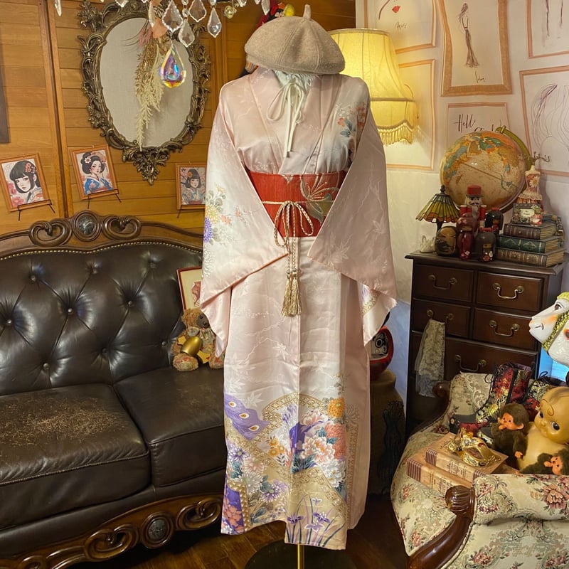 和風　着物リメイク額 付け下げ着物リメイクワンピース ドレス ロング 洗える化繊 + 名古屋帯