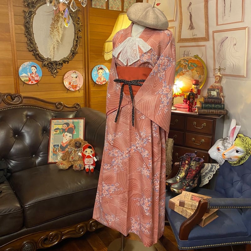 和洋折衷 レトロ 古着 洗える 化繊 着物 和 モダン ハンドメイド  