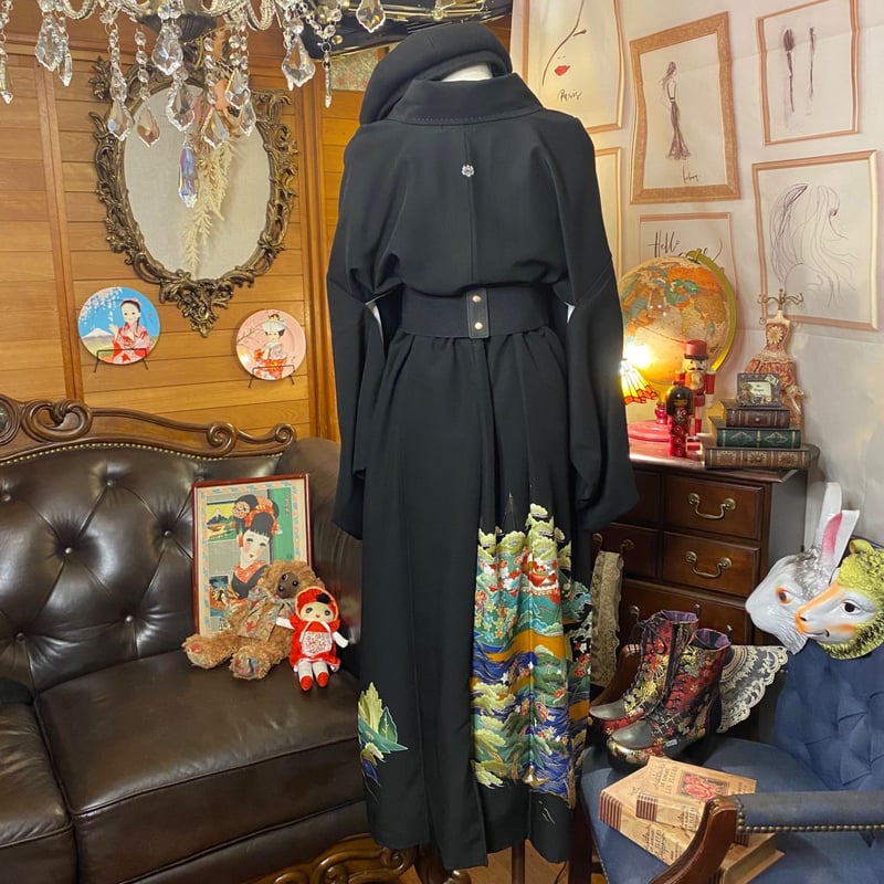 和洋折衷 レトロ 古着 黒留袖 着物 和 モダン ハンドメイド リメイク  
