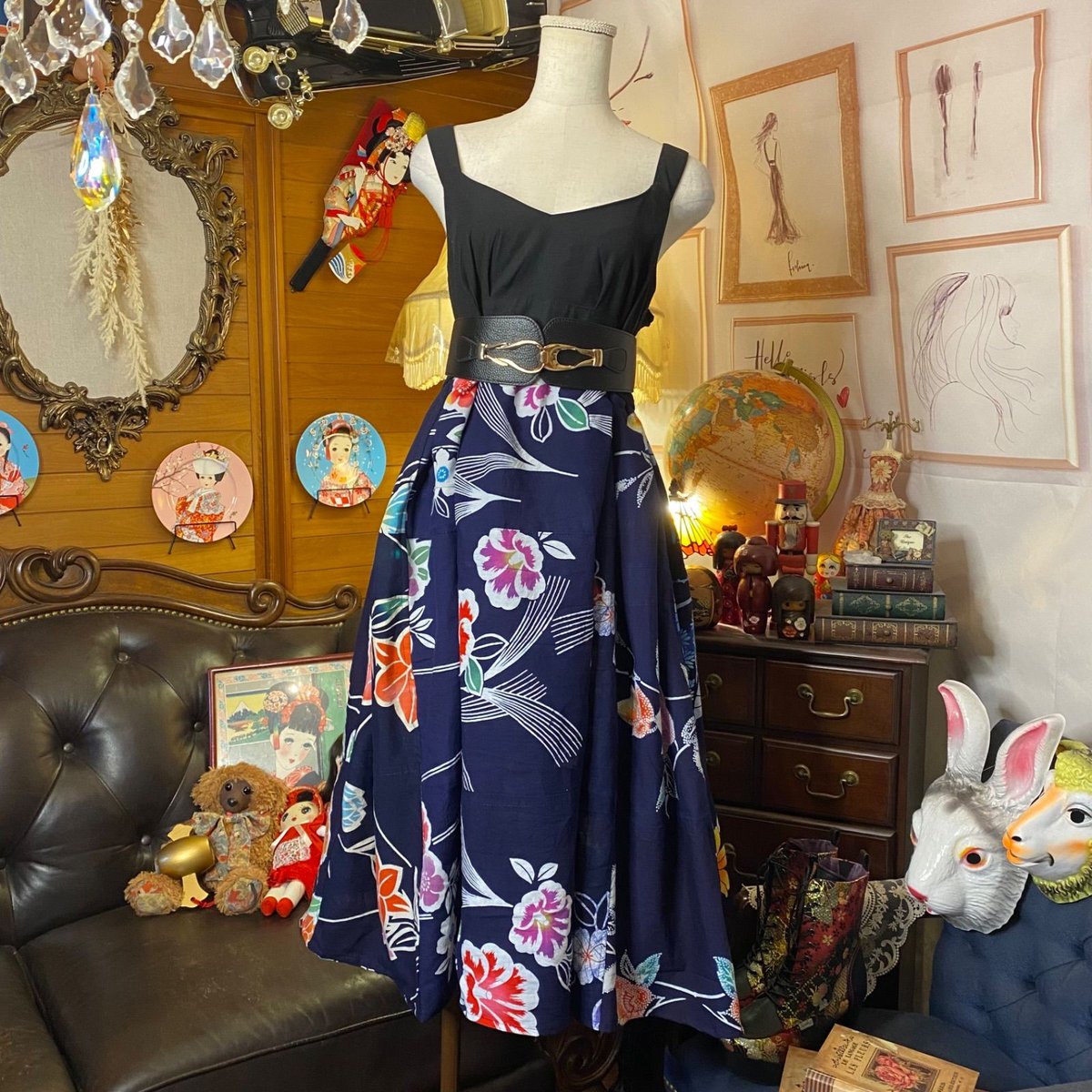 和洋折衷 浴衣 ロング ワンピース パッチワーク リメイク コラージュ  