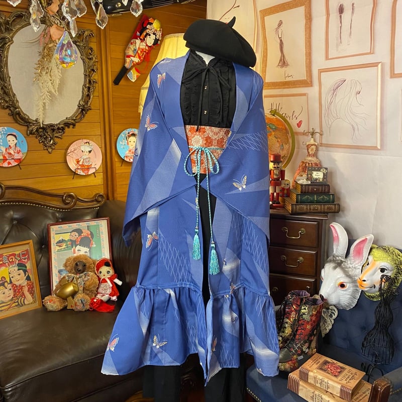 和洋折衷 古着 洗える 単衣 着物 化繊 和 ハンドメイド 2way リメイク ガウン 羽織り