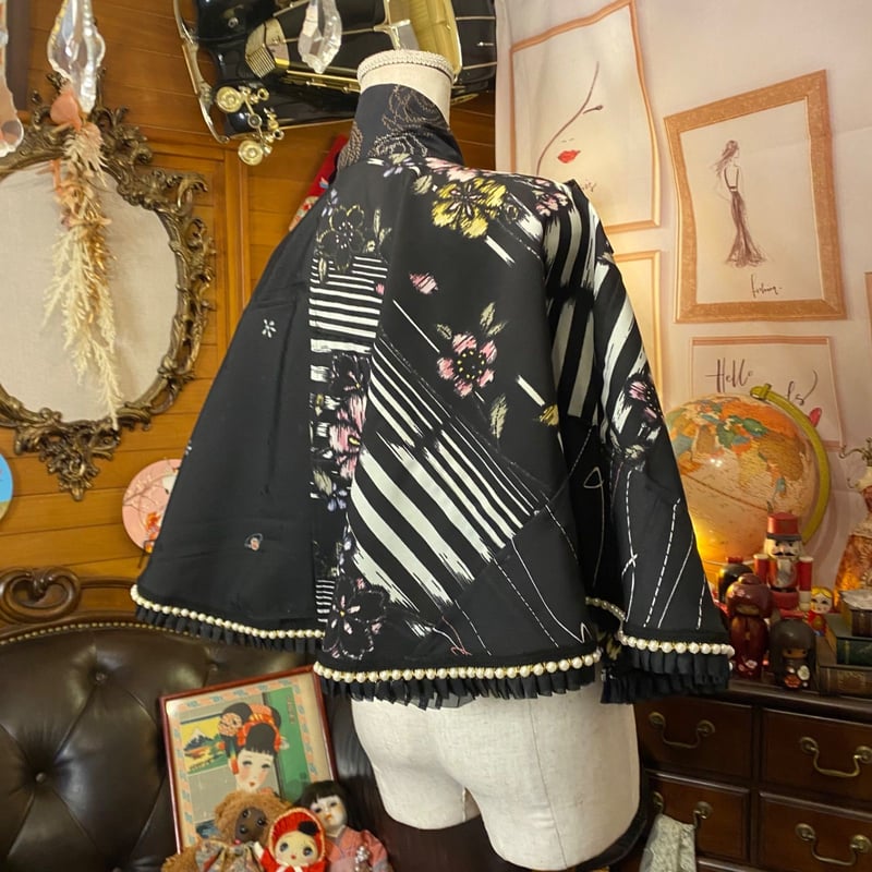 和洋折衷 着物 リメイク ポンチョ ケープ 和装コート パールフリル