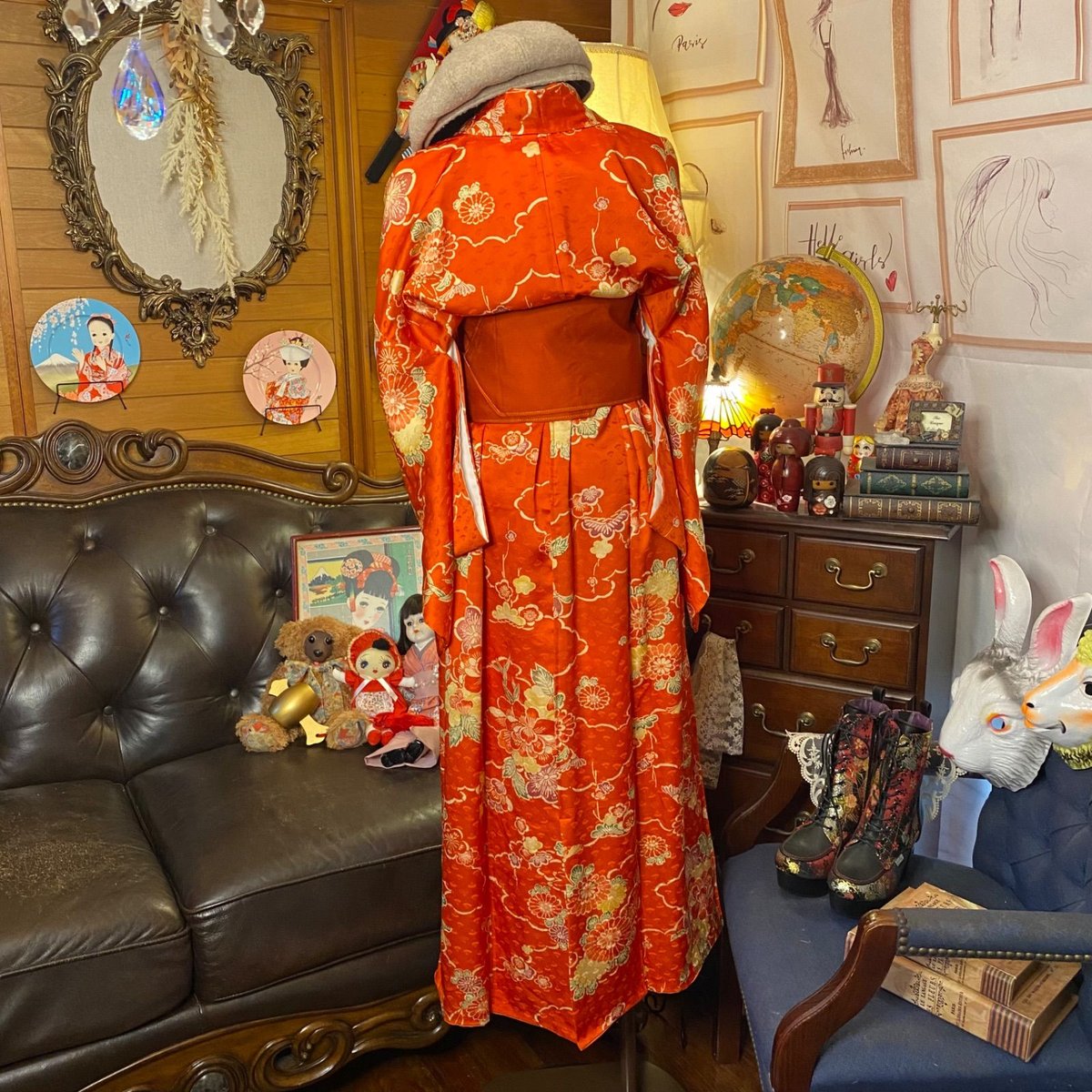 和洋折衷 着物 リメイク ロング 丈 ワンピース ドレス 洗える 化繊 帯