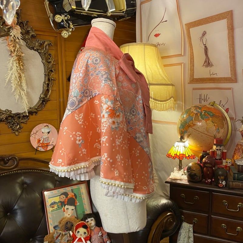 和洋折衷 着物 リメイク ポンチョ ケープ 和装コート パールフリル  