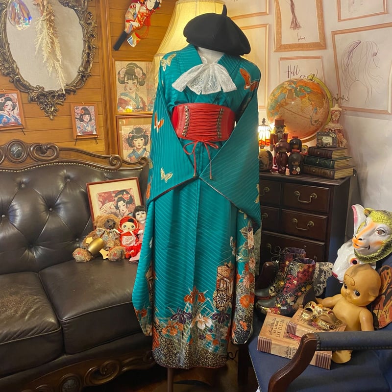 着物振袖リメイク、ロングワンピースセットアップ