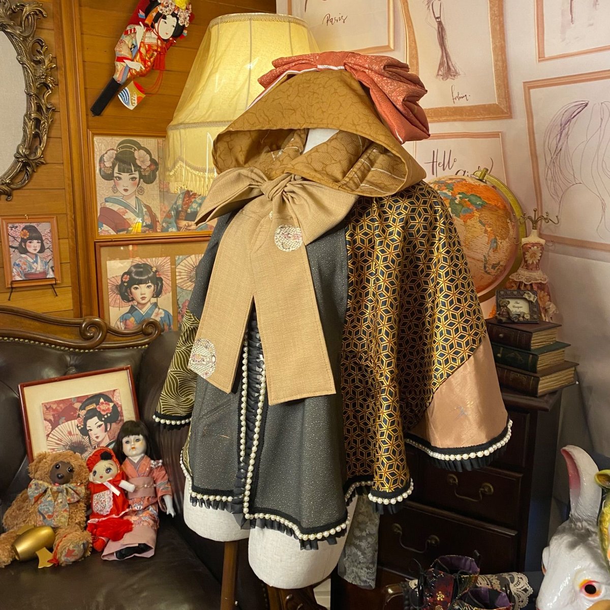 着物リメイクポンチョケープ 和装コート フード付き パールフリル