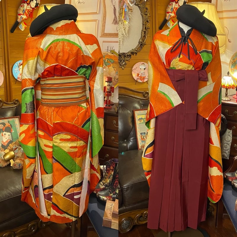 着物リメイク　振袖ワンピース 和洋折衷 レトロ 古着 振袖 着物 和 モダン ハンドメイド