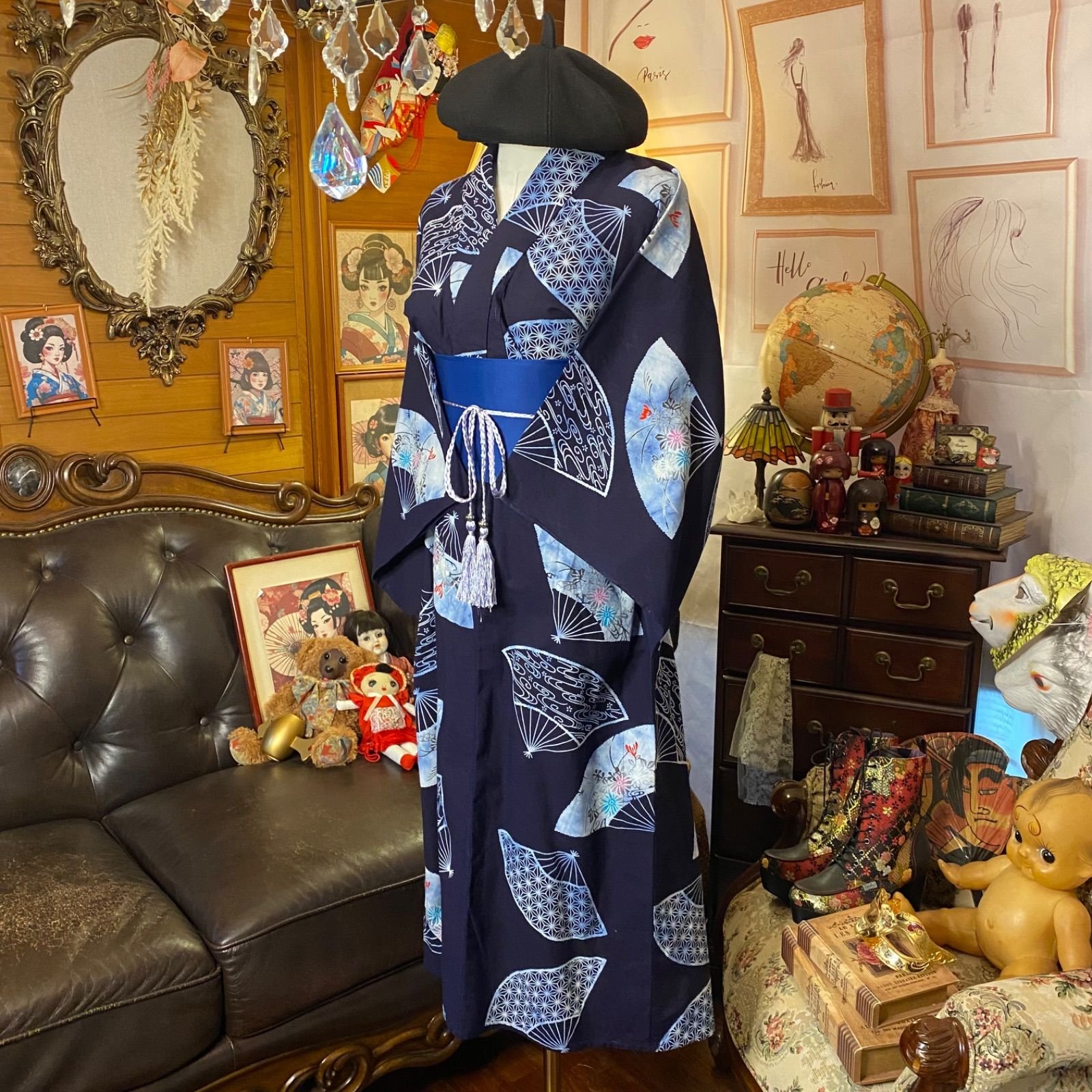 藍染 浴衣リメイク セミロング ワンピース ドレス 帯サッシュベルト