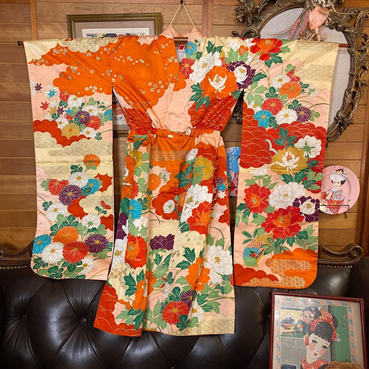 和洋折衷 レトロ 古着 振袖 着物 和 モダン ハンドメイド リメイク