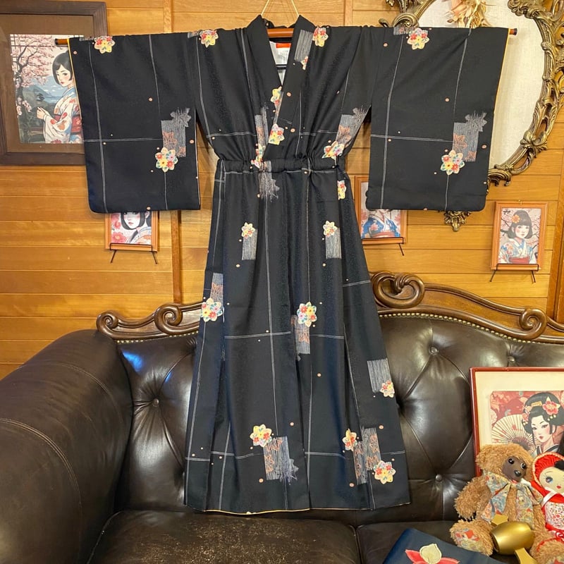 着物 リメイク ロング ワンピース ドレス 洗える 化繊 名古屋帯