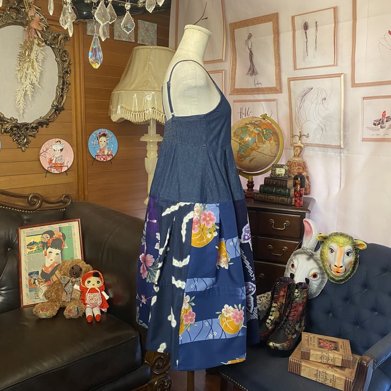 和洋折衷 レトロ古着 浴衣 ハンドメイド リメイク 和 切り替え デニム 
