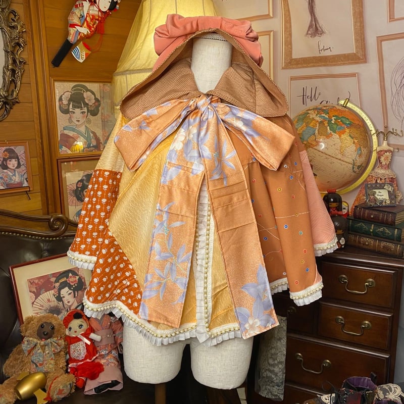 着物リメイクポンチョケープ 和装コート フード付き パールフリル