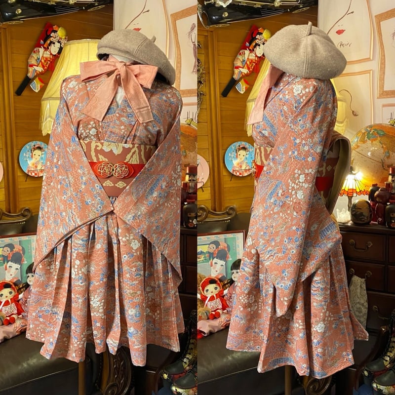 和洋折衷 単衣着物 ミニ丈 ワンピース ドレス 2部式作り帯