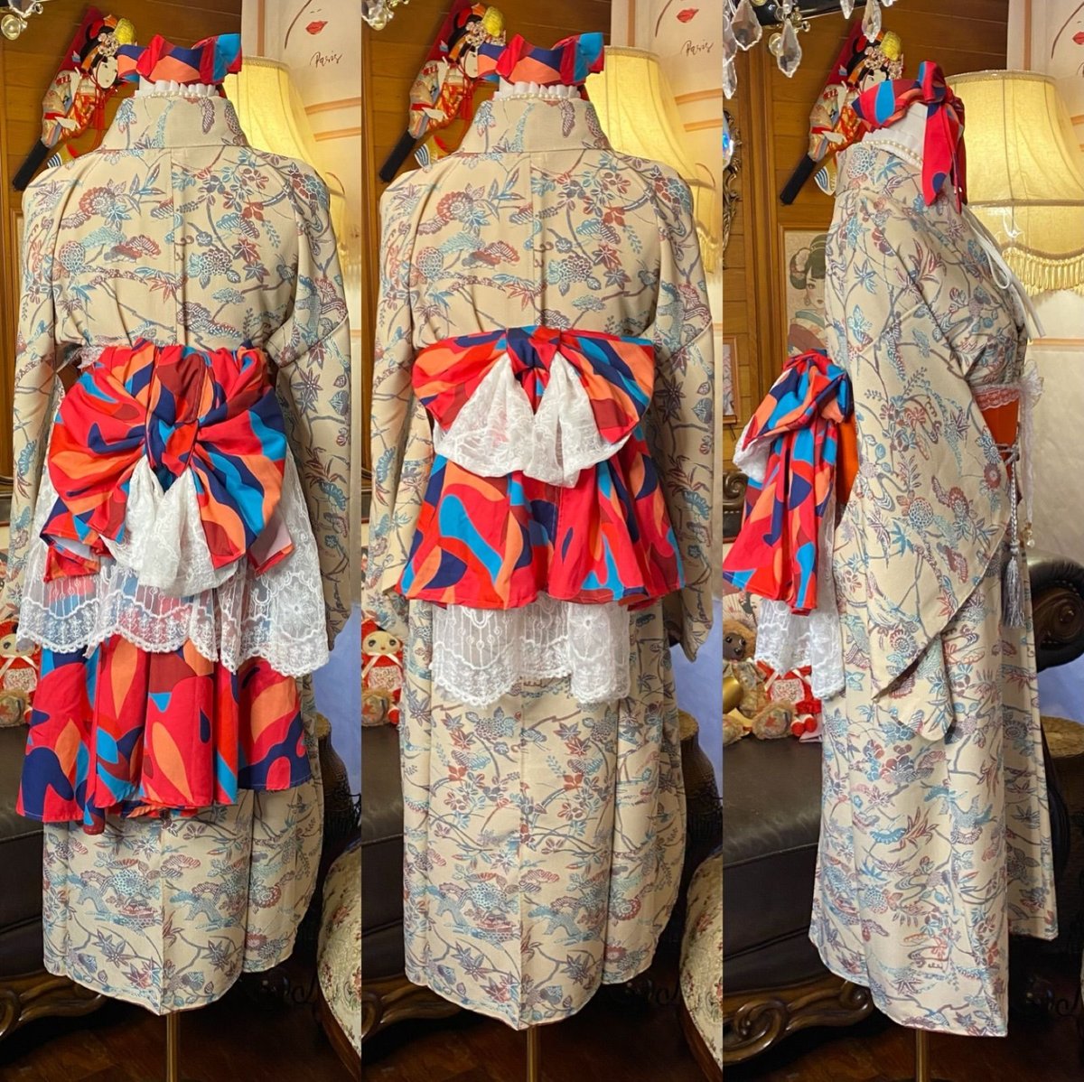 着物 セミロング ワンピース ドレス ハンドメイド リメイク 重ね衿 襟 帯サッシュベルト 帯バッスル 和洋折衷 洗える 化繊 レトロ 古着 まるで異国のアンティークタペストリーを纏ったかのような、気品 KWS-17《みずたま畑のプレミアムお着物セット》 着物 ワンピース ドレス リメイク 重ね衿 襟 帯サッシュベルト 帯