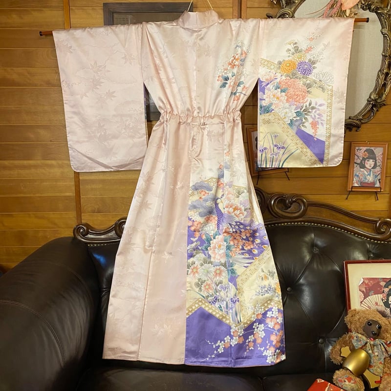 付け下げ着物リメイクワンピース ドレス ロング 洗える化繊 + 名古屋帯