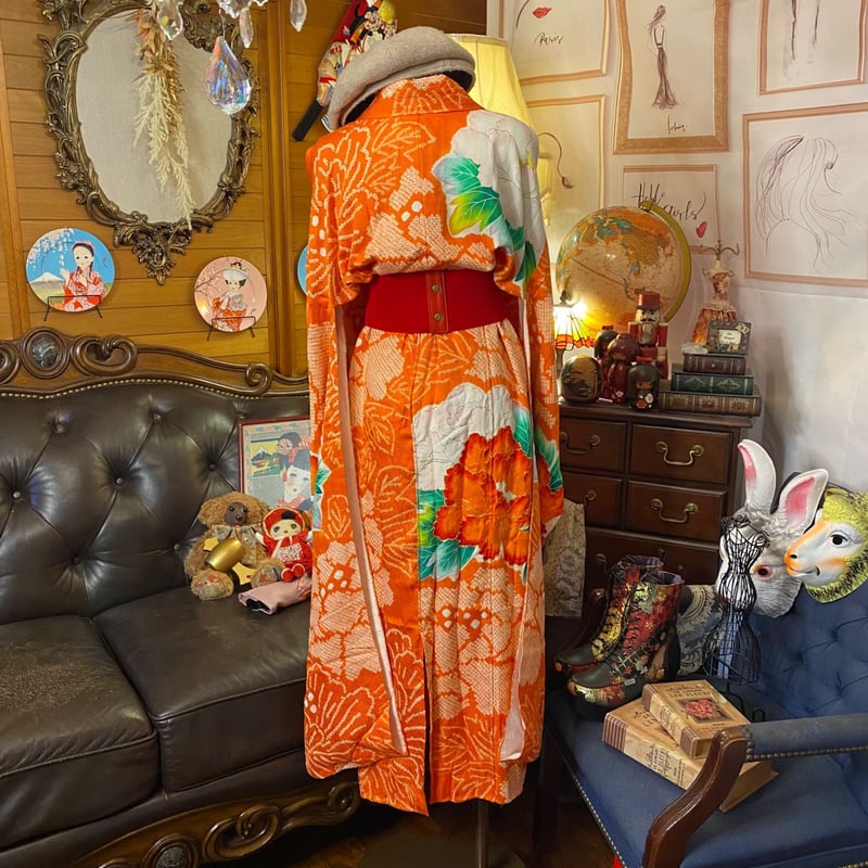 和洋折衷 絞り振袖 着物 リメイク ロング丈 ワンピース ドレス