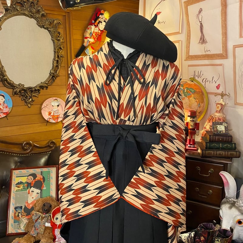和洋折衷 レトロ 古着 洗える 化繊 着物 袴 和 モダン ハンドメイド