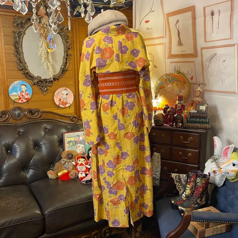 和洋折衷 着物 リメイク ワンピース ドレス 洗える 化繊 帯サッシュ  