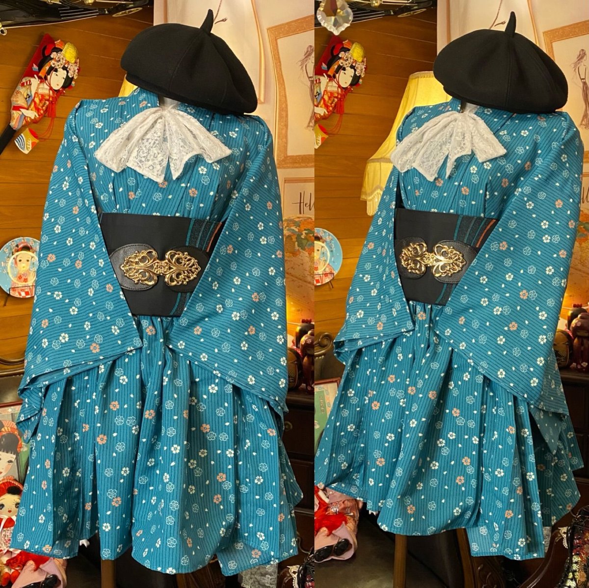 お着物　リメイク　2点セット　ワンピース　ハンドメイド 着物リメイクセットアップ ツーピース 2部式 和洋折衷 鮮やかな