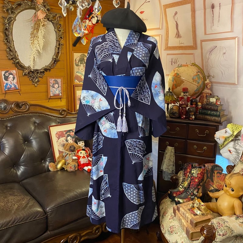 藍染 浴衣リメイク セミロング ワンピース ドレス 帯サッシュベルト