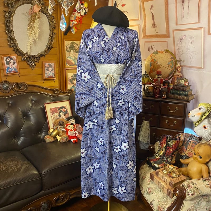 リップル絞り浴衣リメイク ロング ワンピース／ドレス／帯サッシュ