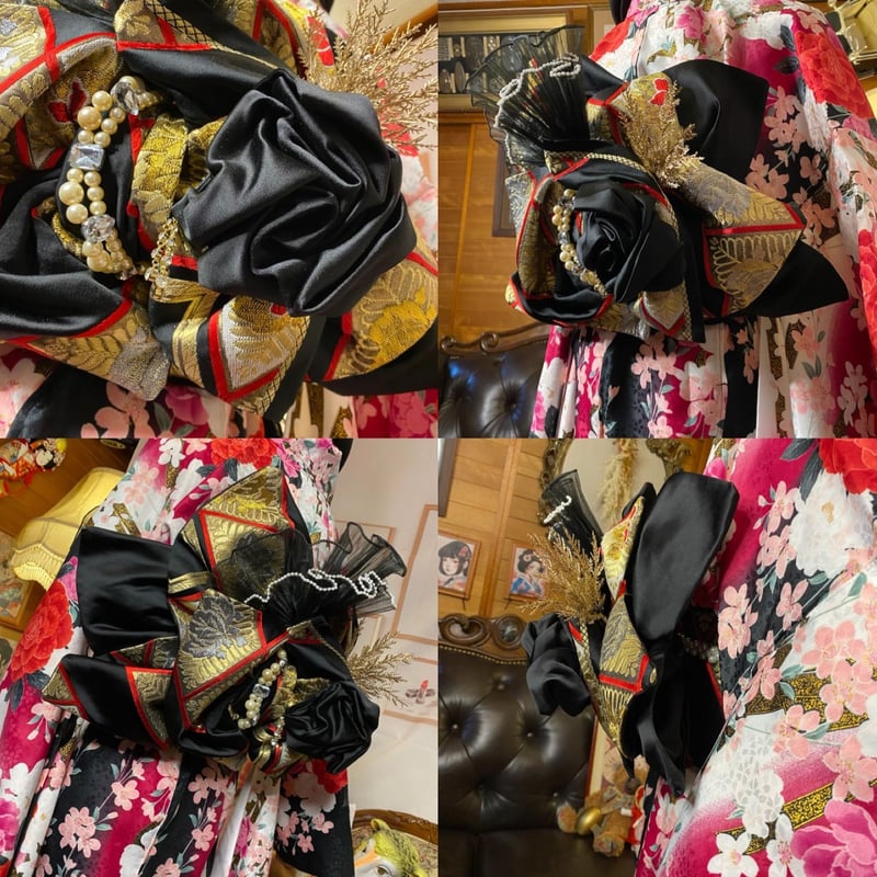 振袖 着物 ロング ワンピース ドレス 2部式バラ/ローズ作り帯 リメイク