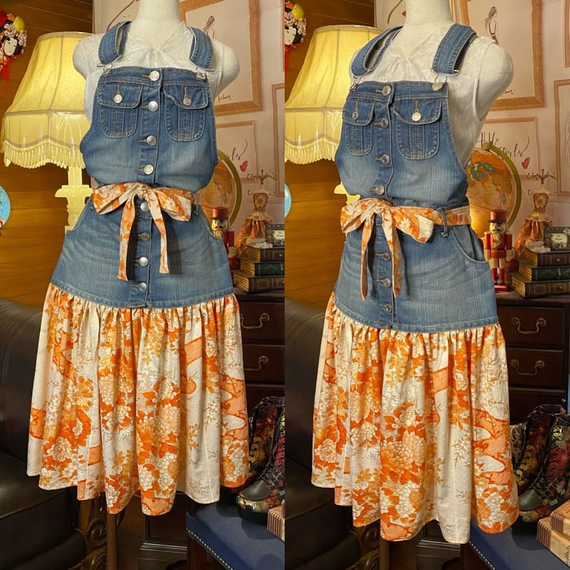 【オレンジ】デニムリメイク☆デニム×作業着サロペット オレンジ様専用】デニムリメイク☆デニム×作業着サロペット