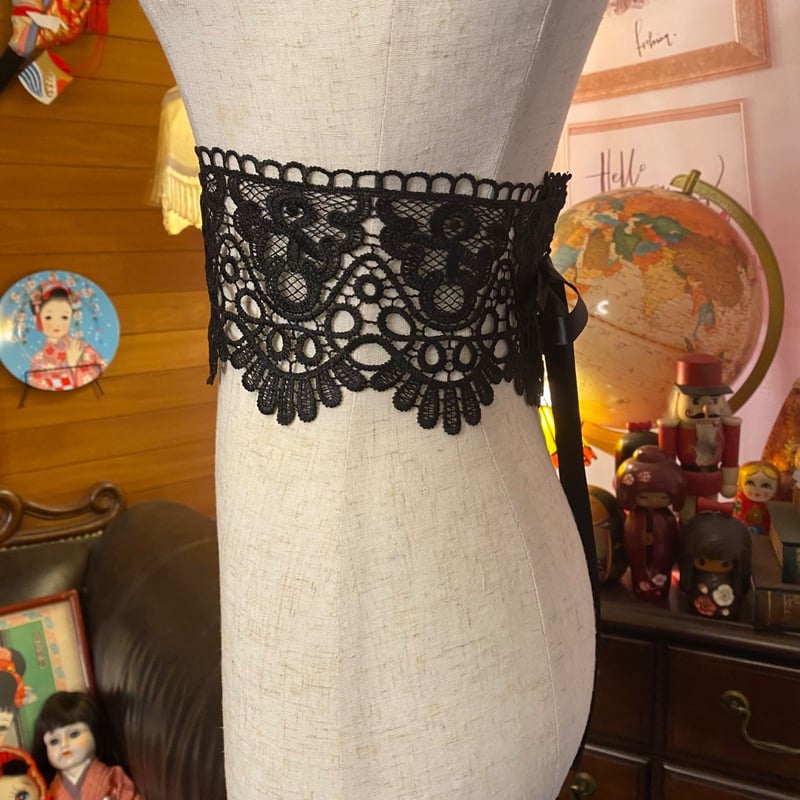 和洋折衷 レース 帯飾り リボン レトロ 古着 和 ハンドメイド 黒