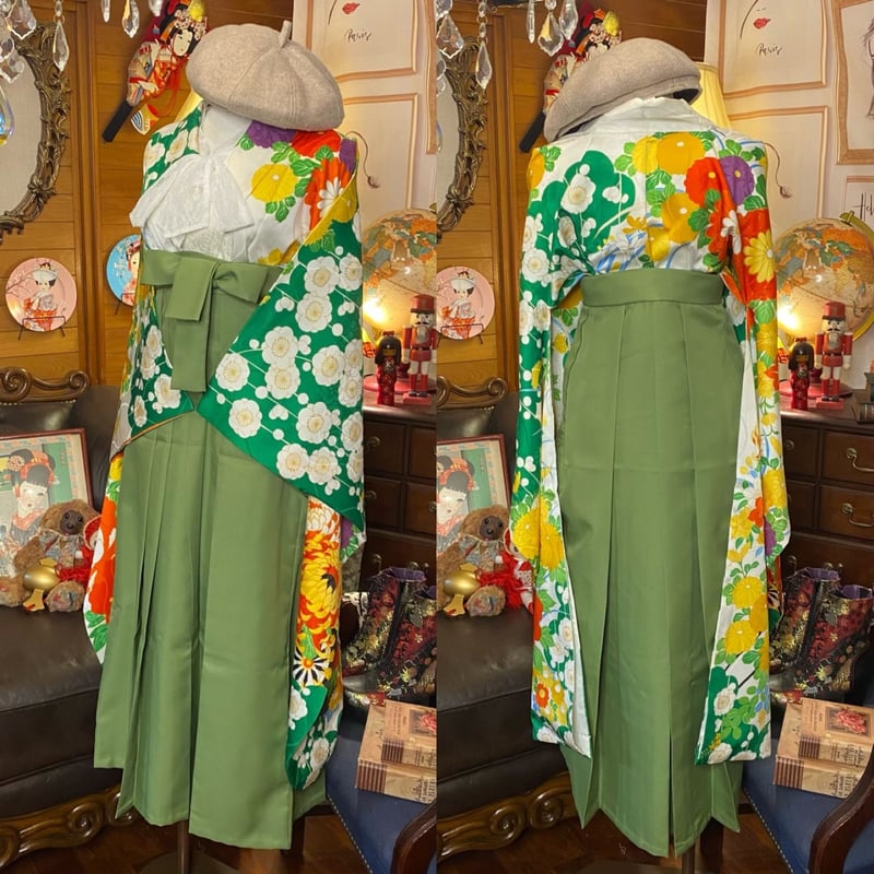 展示品◇着物リメイク◇ セットアップ緑×白ベルト付き1点もの