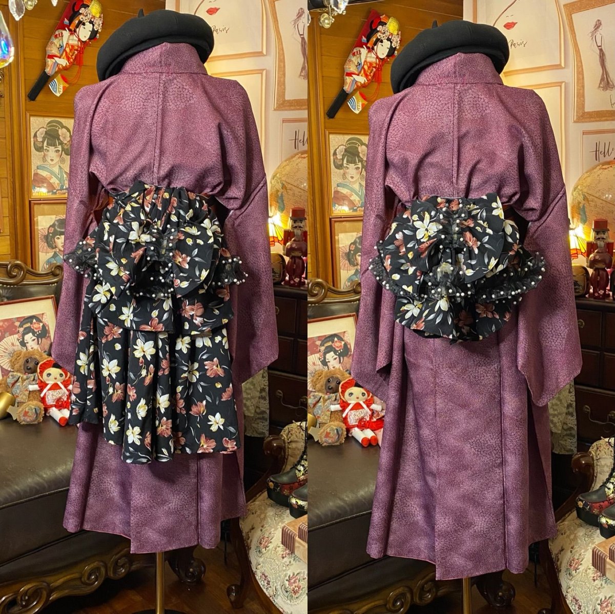 着物 ワンピース ドレス ハンドメイド リメイク 重ね衿 襟 帯サッシュベルト 帯バッスル 和洋折衷 洗える 化繊 レトロ 古着 KWS-14 金木犀のような明るい黄色の花々が全体を彩り、鮮やかなコントラストを描く 《みずたま畑のプレミアムお着物セット》 着物 ワンピース ドレス リメイク 重ね衿 襟 帯サッシュベルト 帯