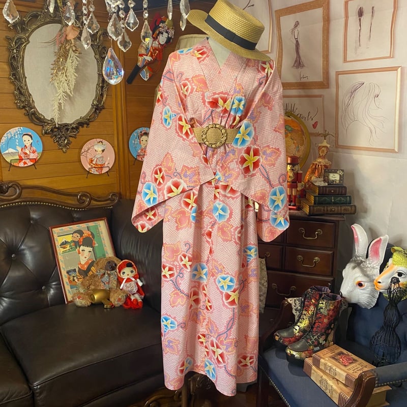 着物リメイクワンピース　　浴衣からワンピース 和洋折衷 浴衣 リメイク ワンピース ドレス 帯サッシュベルト